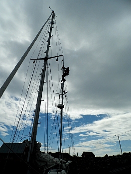 DSCI0259.JPG - Unsere tolle WiFi Antenne, bzw. der daran befindliche Router versagt sei Aalesund den Dienst. Die Bordfee kurbelt mich in den Mast und ich baue ihn zwecks eingehender Untersuchung aus.