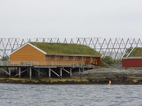 DSCI0019.JPG - Interessante, oekologische Dachbeschichtung. Im Hintergrund, das, was aus Fisch Stokkfisch macht: Trockengestelle. Wir sind auf dem Weg nach Eidestranda