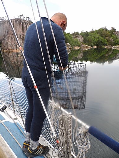 DSCI0108.JPG - Nun ja, also der erste Versuch mit dem Krebskorb wird erst einmal erfolglos beendet, bevor wir uns aufmachen, den Rest der Blindleia nach Kristiansand zu erkunden. Man beachte das modische Outfit des Skippers!