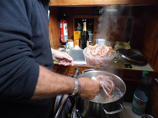 DSCI1735.JPG - 2 kg sind allerdings fuer unsere Bordkueche eine Herausforderung. Wir muessen die Menge in zwei Schichten kochen. Hier wird gerade die erste Ladung aus dem Sud genommen.
