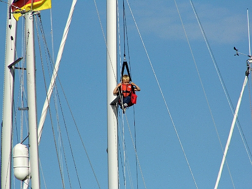 DSCI0966.JPG - Ja und das ist doch mal eine Idee. Wenn die Kinder nerven, einfach am  Mast hochziehen. Unten ist es dann ruhig und oben stoeren sie nicht so ;-)  Dem Zweg machts jedenfalls Spass.